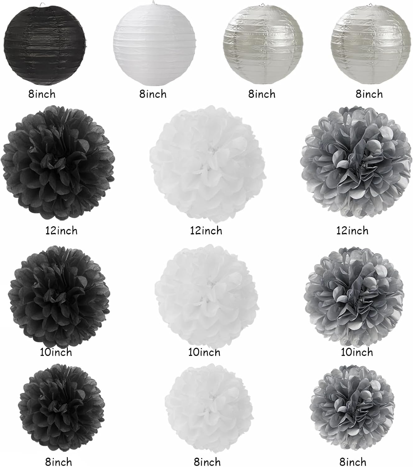 Black White Silver Party Decorations - 20pcs New Year Men Birthday Paper Lanterns Fans,Tissue Pom Poms,Honeycomb Balls,Bunting,Wedding Bachelorette Bridal Graduation Baby Decor Burgleda