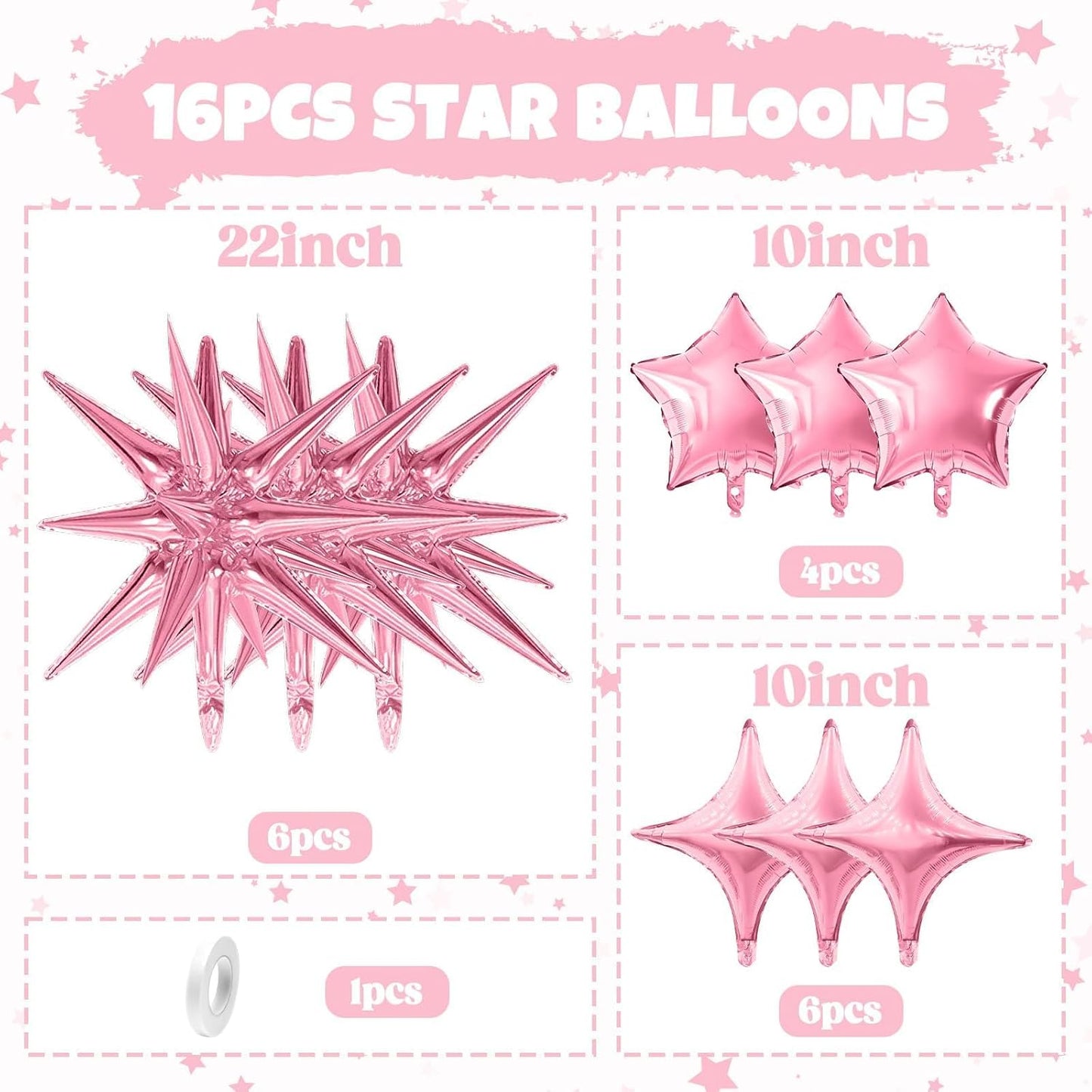 Pink Star Balloon,16Pcs Light Pink Star Foil Balloons Set with 22Inch Explosion Spike Cone Balloons and 10Inch Quadrangle Helium Balloon for Birthday Wedding Baby Shower Party Decorations