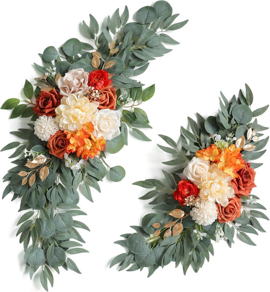 ponatia Wedding Arch Flowers (Pack of 2), Artificial Burnt Orange Wedding Flowers for Wedding Welcome Signs Decorations and Arch Flowers for Wedding Ceremony Reception (Burnt Orange & Ivory)