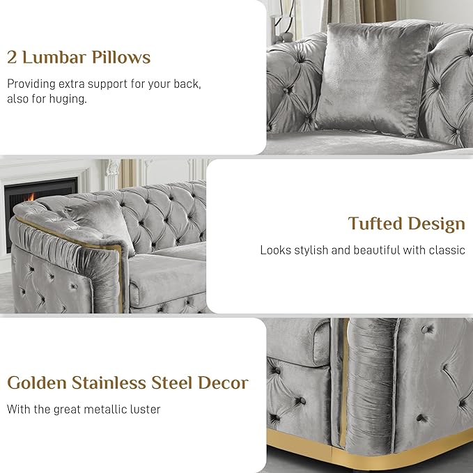 DAMAIFROM Velvet Couch Grey and Gold Sofa Luxury Loveseat 84.6" Mid Century - Image 3