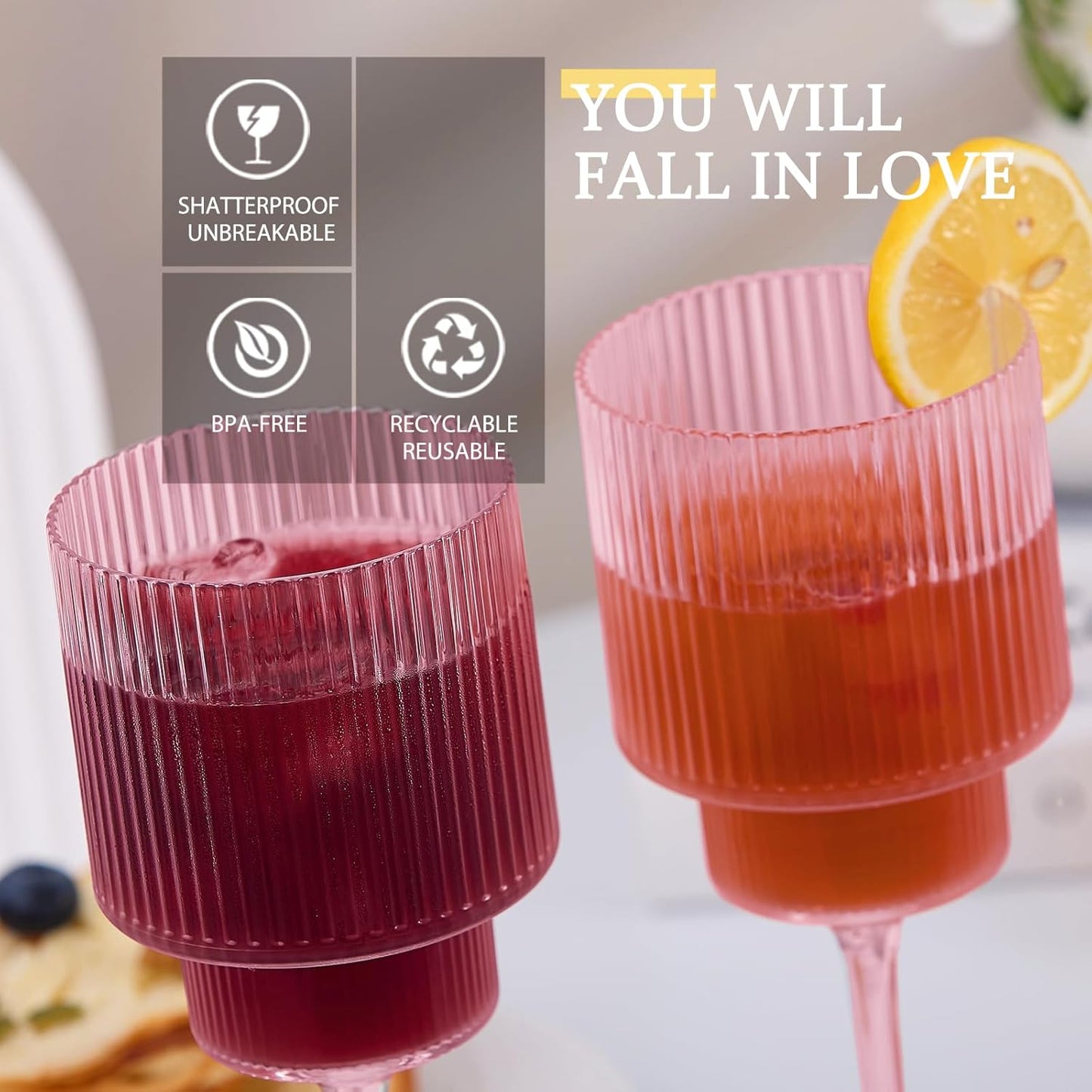 Plastic Goblets Wine Glasses - 12Oz Acrylic Wine Glasses Origami Unbreakable Clear Plastic Cocktail Glasses Recyclable Shatterproof Reusable Wine Cups for Parties & Weddings (Pink 1)