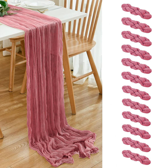 12 Pack Dusty Rose 10 Ft Cheesecloth Table Runner 20x120 Inch Boho Wrinkled Sheer Romantic Gauze Decor for Wedding, Bridal Shower, Birthday Party