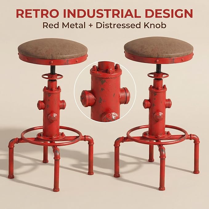 Topower Antique Vintage Industrial Barstool PU Leather Water Pipe Fire Hydrant - Image 6