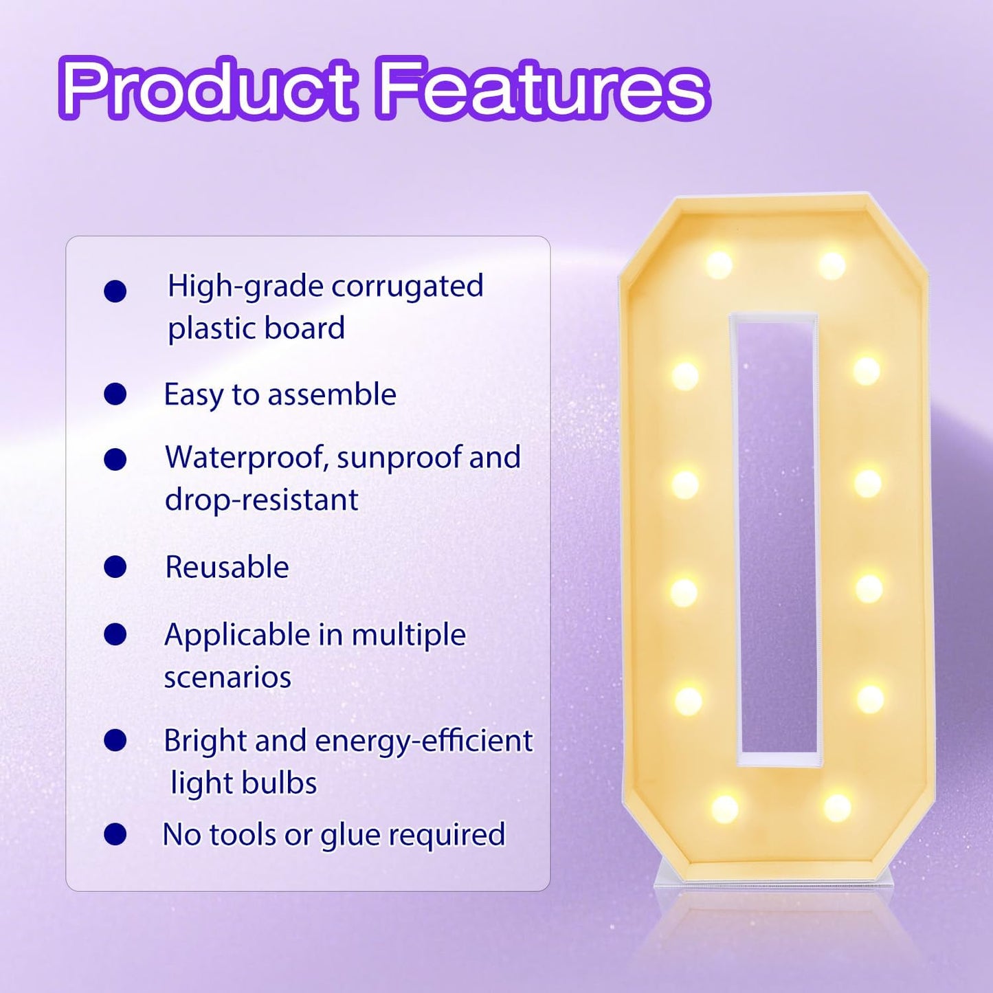 4FT Plastic Marquee Numbers 0 - Light up Numbers Are Made from Corrugated Plastic Board - Quick Assembly Without Tools, Disassembled Components Can Be Used for Photo Wall Decoration, Yard Sale Signs