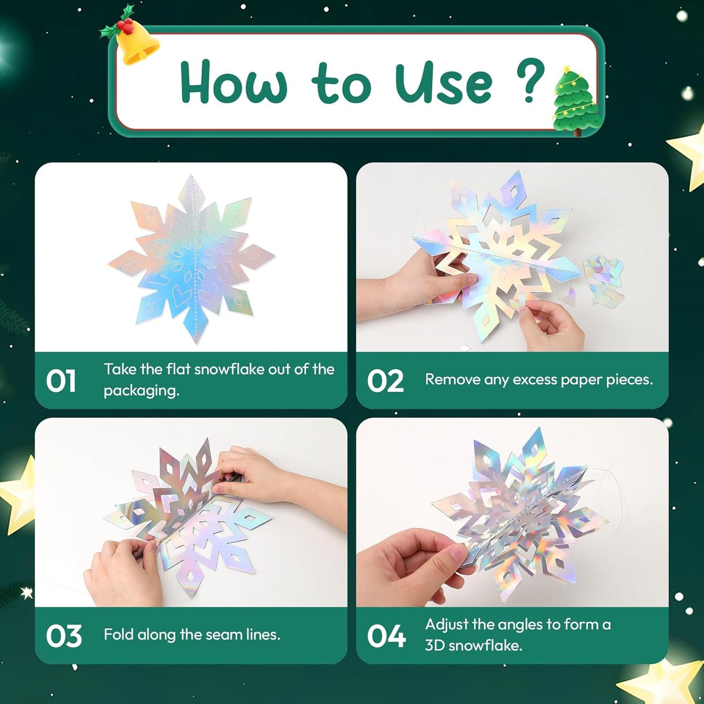 Benbilry 3D Hanging Snowflake Decorations for Christmas Tree, 36pcs 3 Size Winter Wonderland Decorations for Frozen Birthday Party, Christmas Home Decor - 18pcs Iridescent and 18pcs Gold Color