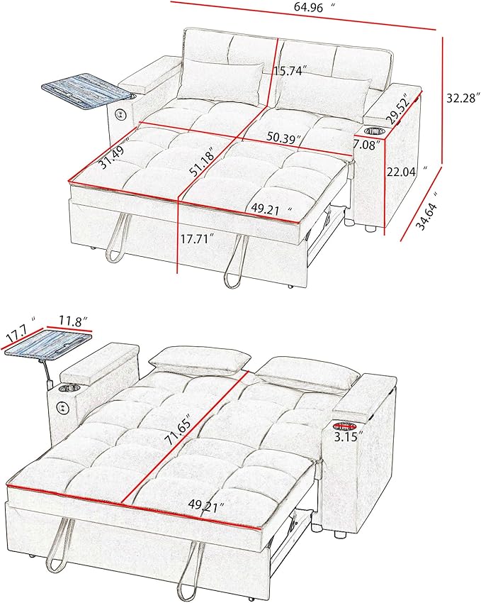 hansones 65'' 3-in-1 Folding Convertible Sofa Bed, Pullout Sofa, Modern - Image 2