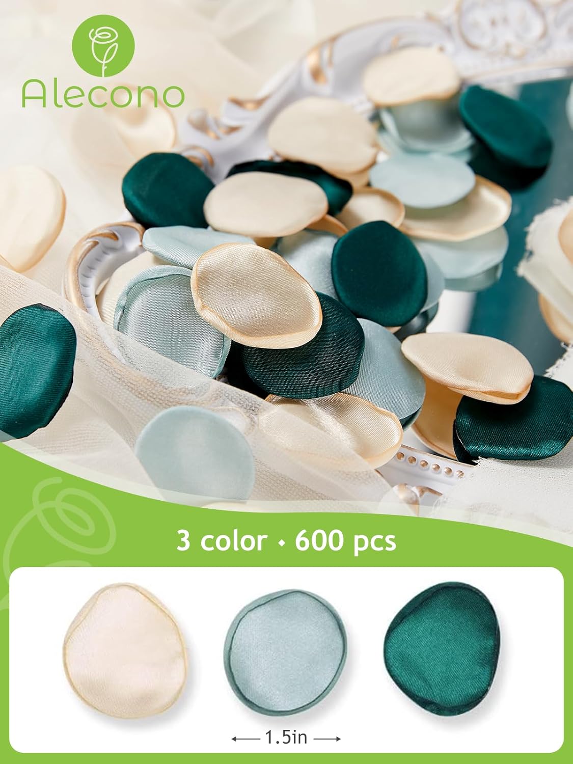Alecono 𝟲𝟬𝟬𝙋𝙘𝙨 Silk Rose Petals, Green Fake Rose Petals for Wedding, Artificial Flower Petals Decorations for Bath Party Dinner Table Decor