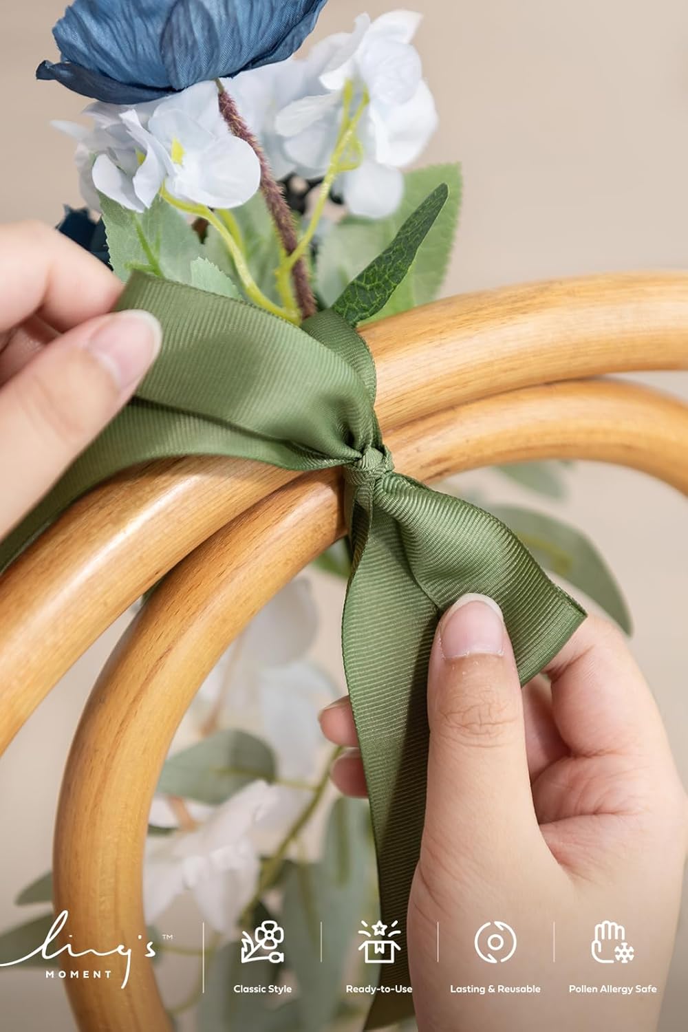 Ling's moment 8pcs Wedding Artificial Aisle Pew Flowers Chair Decorations Arrangements with Chiffon Ribbons Dusty Blue & Navy for Ceremony Chair Back Floral Decor Reception Church Party Outdoor