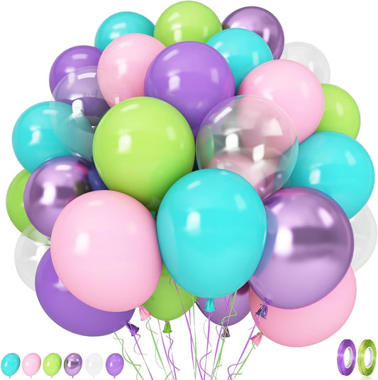 Pink Blue Purple Party Balloons, Pack of 60 12 inch Monster Balloons with Clear Balloon, Pink Metallic Purple Teal Green Balloons for Kids Magic Theme Birthday Baby Shower Party Decorations Supplies