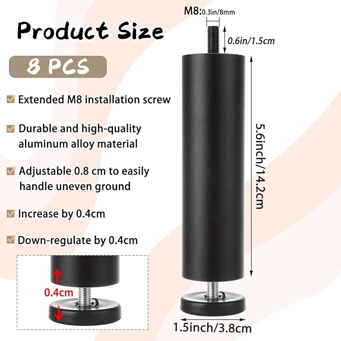 8 PCS 5.6 Inch Adjustable Furniture Legs Black Adjustable Bed Support Legs - Image 2