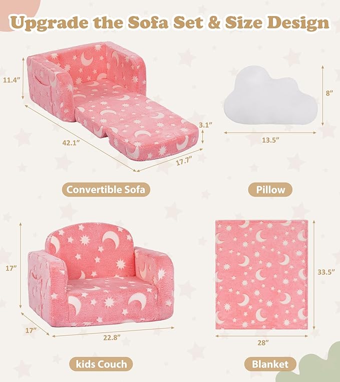 Kids Couch, 2-in-1 Soft Toddler Couch Fold Out - Image 3
