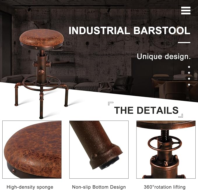 Topower Antique Vintage Industrial Barstool PU Leather Water Pipe Fire Hydrant - Image 6