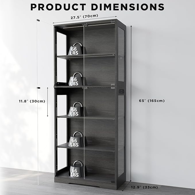 65" Tall Display Case with Glass Doors, Lighted Display Cabinet Bookcase with - Image 3