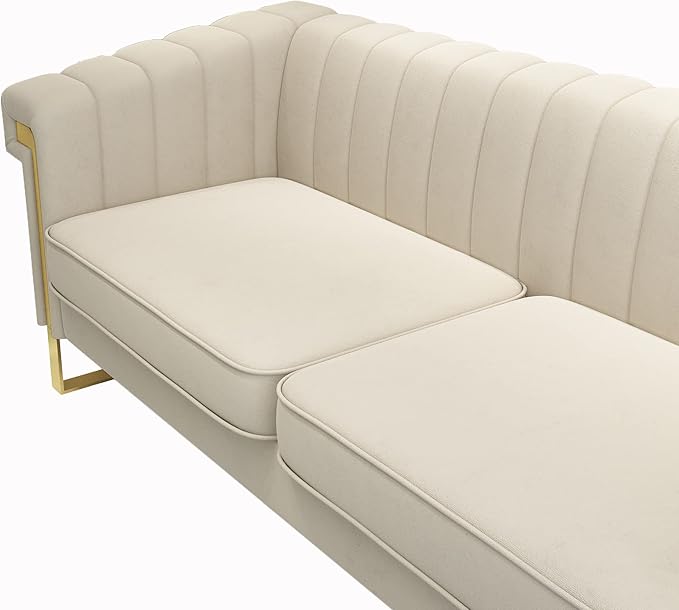 Mid-Century Modern Beige Velvet Sofa - Image 7