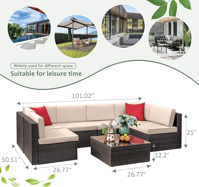 Devoko 7 Pieces Outdoor Sectional Sofa Patio Furniture Sets Manual Weaving - Image 6