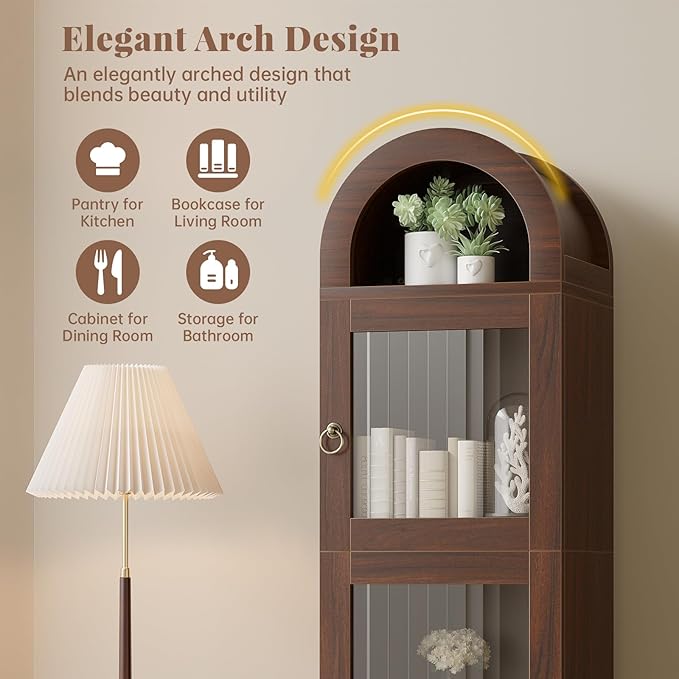 71" Tall Arched Cabinet with Acrylic Door, Modern Curio Arched Bookcase with - Image 3
