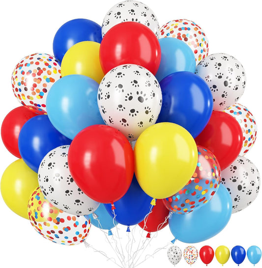 Dog Paw Balloons, 12 Inch Carnival Circus Balloons Red Yellow Blue and White Paw Print Puppy Balloons Colorful Confetti Latex Balloon for Dog Themed Birthday Party Decorations