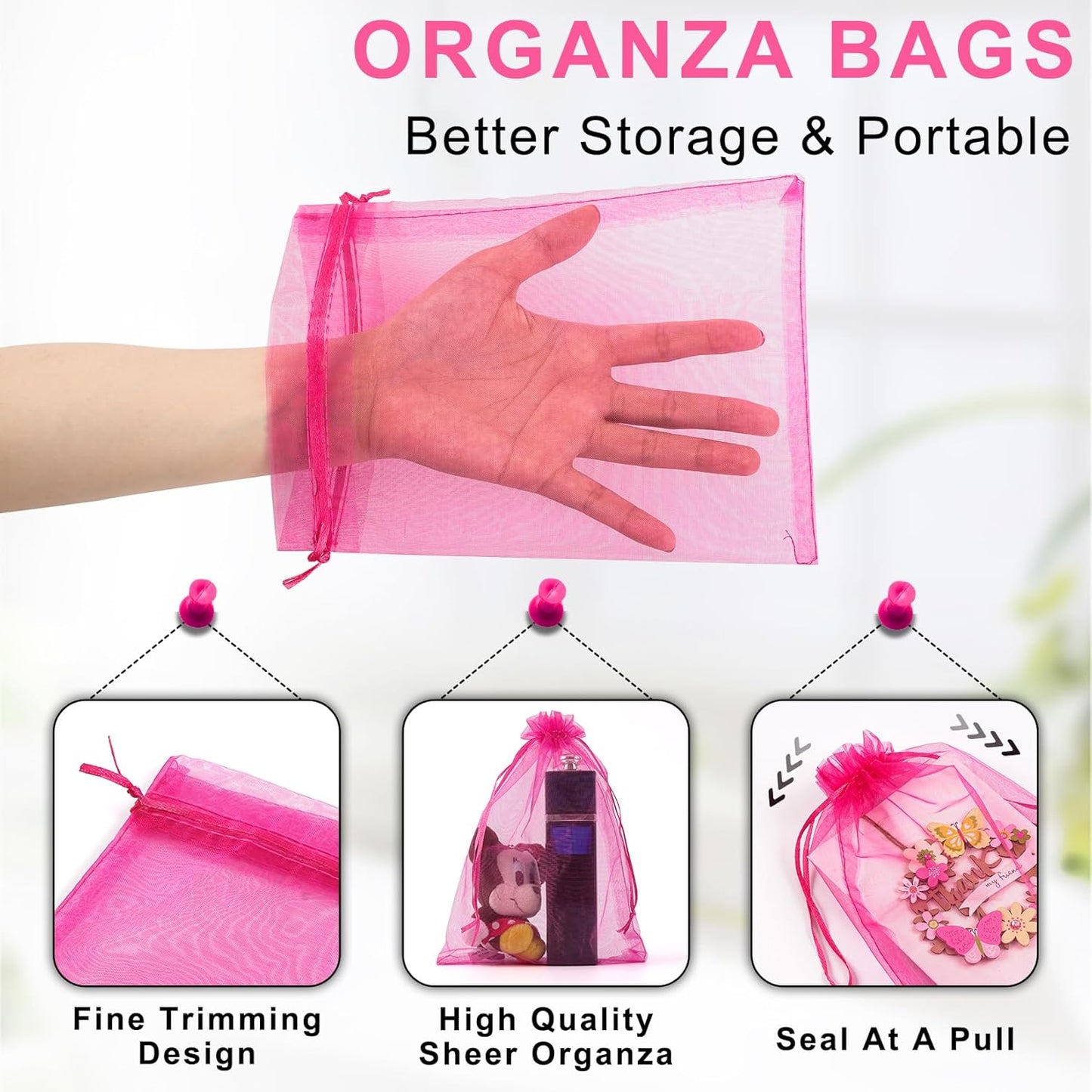 ANZNKU 50 Pack Hot Pink Organza Bags 6x9 inches, Jewelry Pouches Drawstring, Mesh Bags for Gifts Large Organza Bag for Wedding Party Christmas Favor