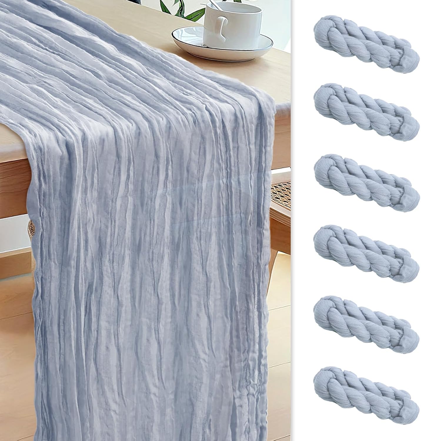 Le courant 6pcs 10Ft Cheesecloth Table Runner, Rustic Boho Gauze Cheese Cloth Runner Table Runner for Weddings Bridal Baby Shower Birthday Holiday Parties Home Decor, Dusty Blue