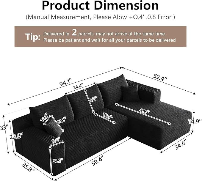 95" Cloud Sectional Couch with L-Shape Chaise, Modern Cloud Couch with Deep Seat - Image 2