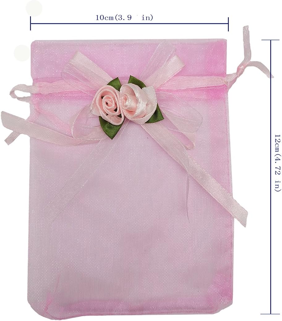 Ankirol 50pcs Sheer Organza Favor Bags For Wedding 3.8x4.8'' Gift Bags Samples Display Drawstring Rose Pouches (pink)