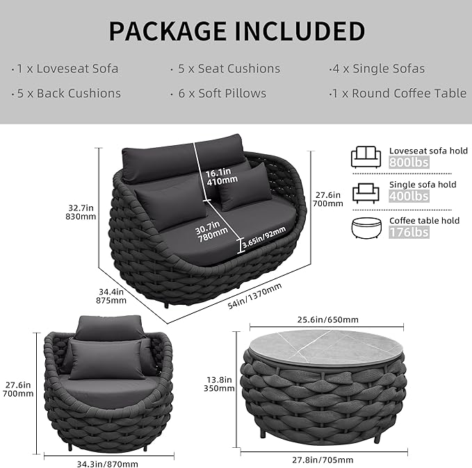 TWT 6-Piece Aluminum Patio Furniture Set, Olefin Rope Modern Outdoor - Image 2