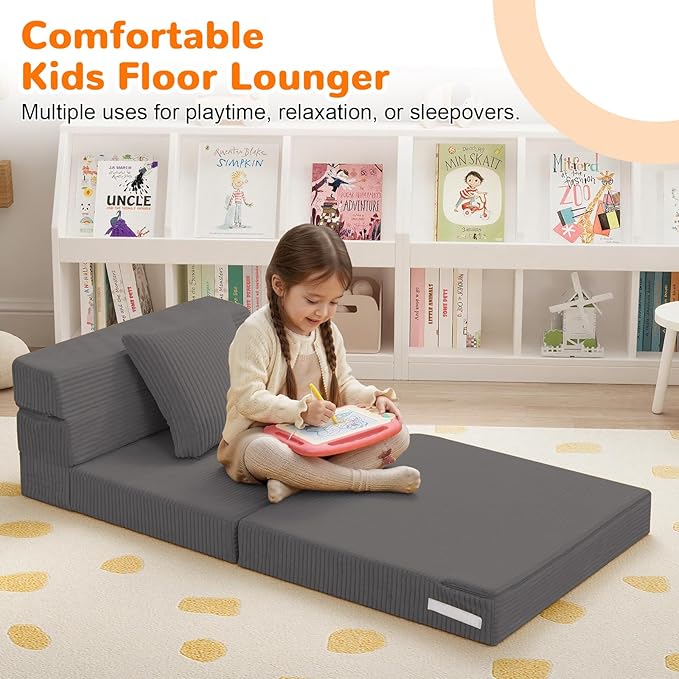 MeMoreCool Kids Folding Sofa Chair – Corduroy Floor Futon, Tri-Fold Mattress - Image 3