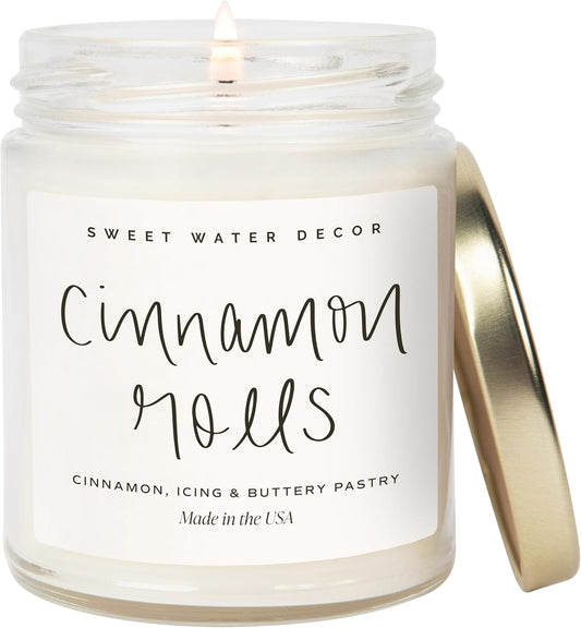 Sweet Water Decor Cinnamon Roll Candle - Fall Scented with Cinnamon, Icing and Buttery Pastry for Home - Soy Candle with 40 Hours Burn Time - 9Oz Gold Lid Clear Jar Autumn Scents