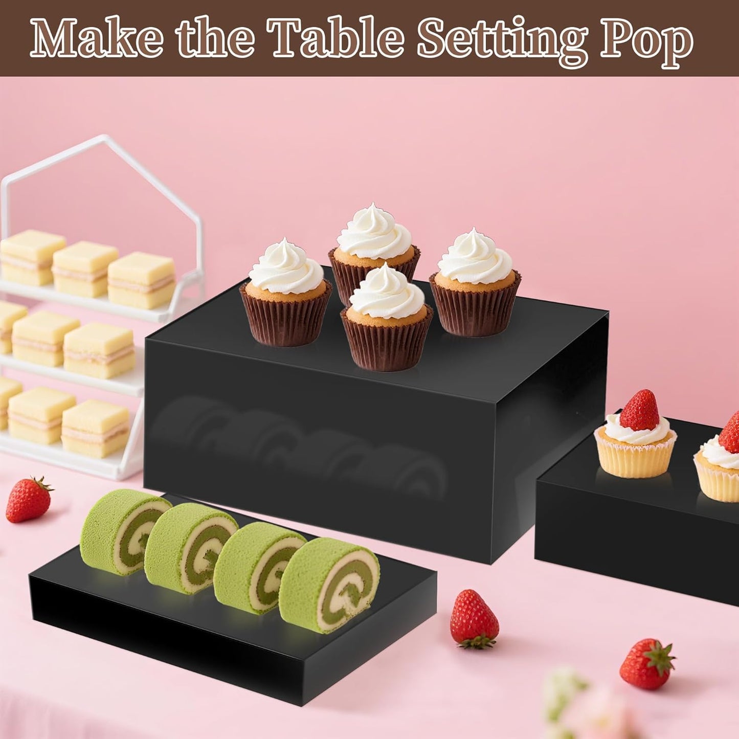 Extra Large Buffet Risers Set, 10" 12" 14" White Acrylic Food Risers for Buffet Table, Display Stand Shelf with Hollow Bottoms for Catering Dessert Collectibles Jewelry Figures Show(Black)