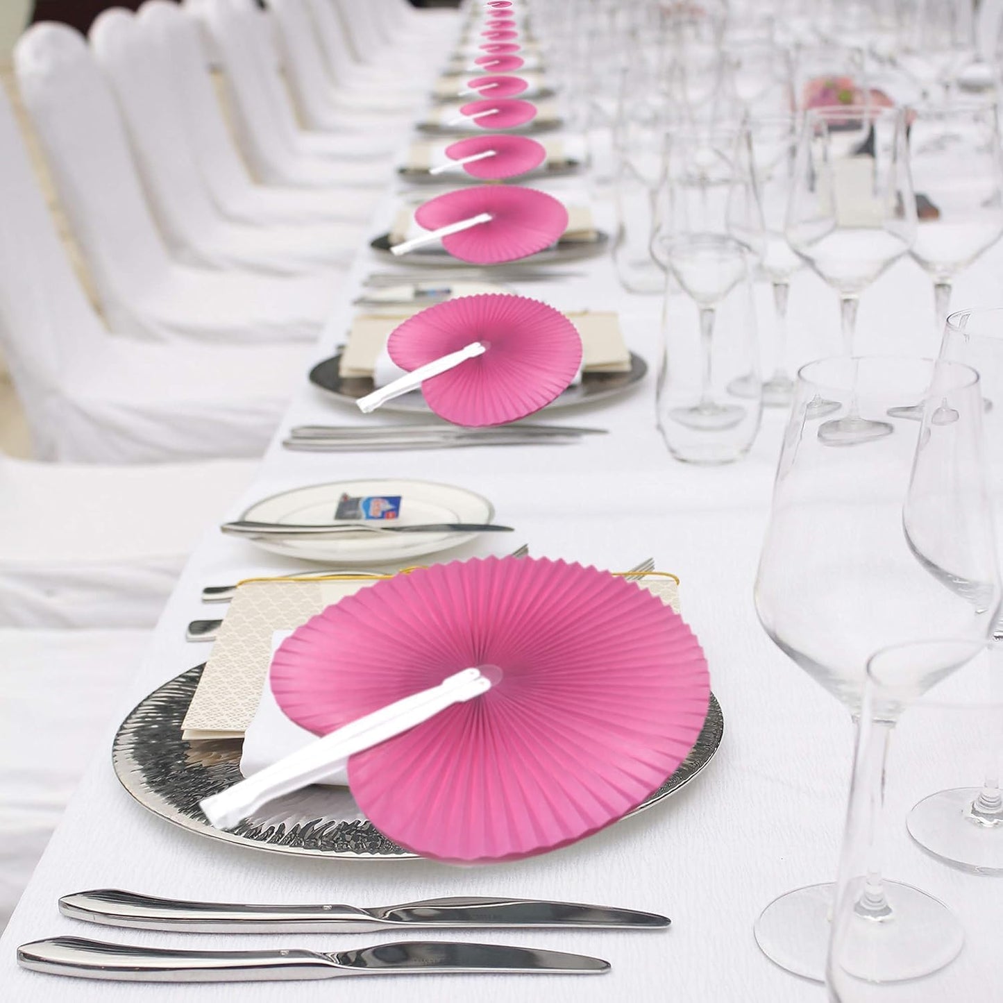 12 Packs Decorative Paper Folding Hand Fans Handheld,Hot Pink Round Foldable Wedding Fans Chinese and Japanese Fans Bulk for Bridal Guest Church Party Favors Dancing Birthday DIY