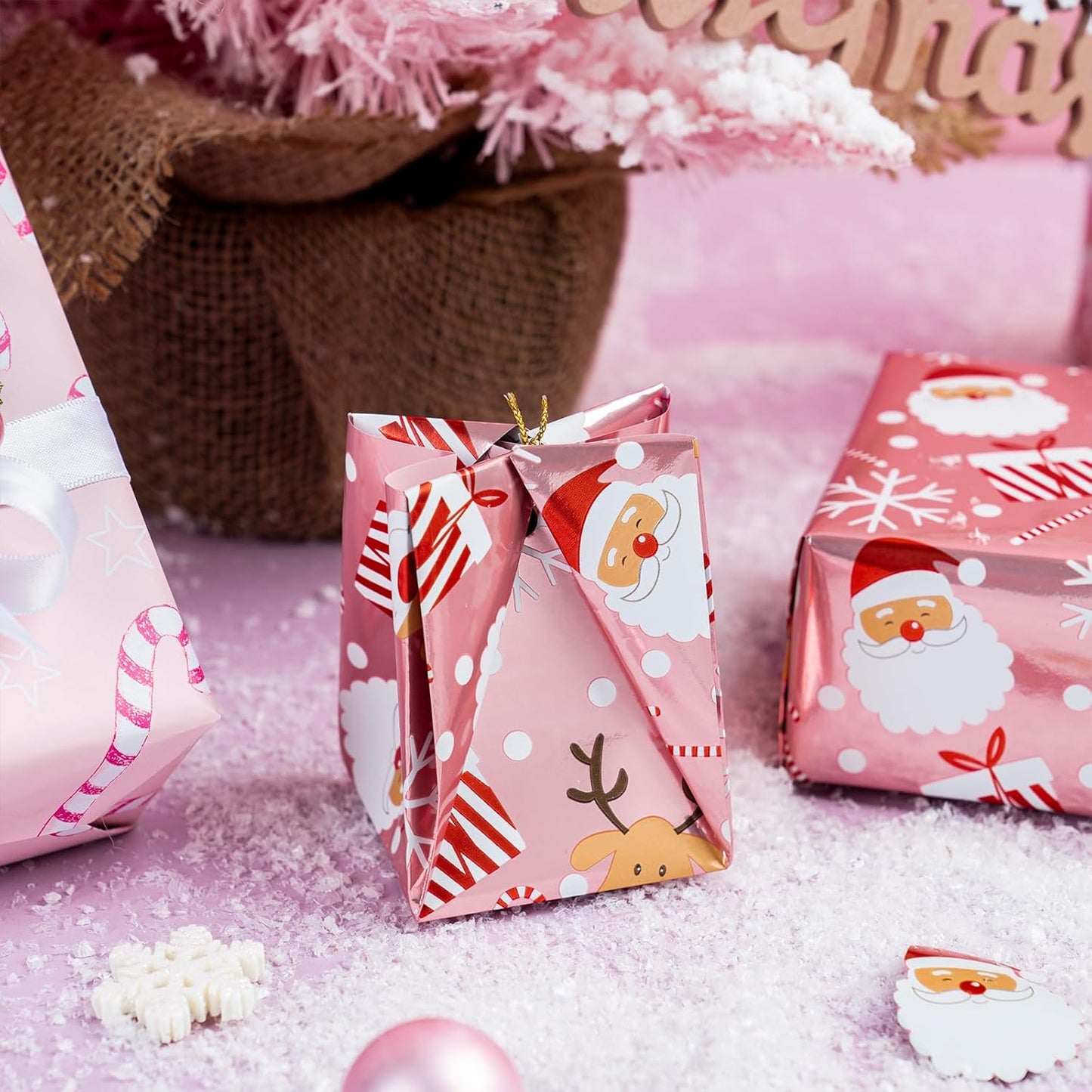 LeZakaa Christmas Pink Wrapping Paper Jumbo Roll, Santa Claus & Candy Cane, Metallic Foil, Rose Gold Foil Reversible Design for Festive Winter Holiday, Family Gathering, 30 inches x 32.8 Feet