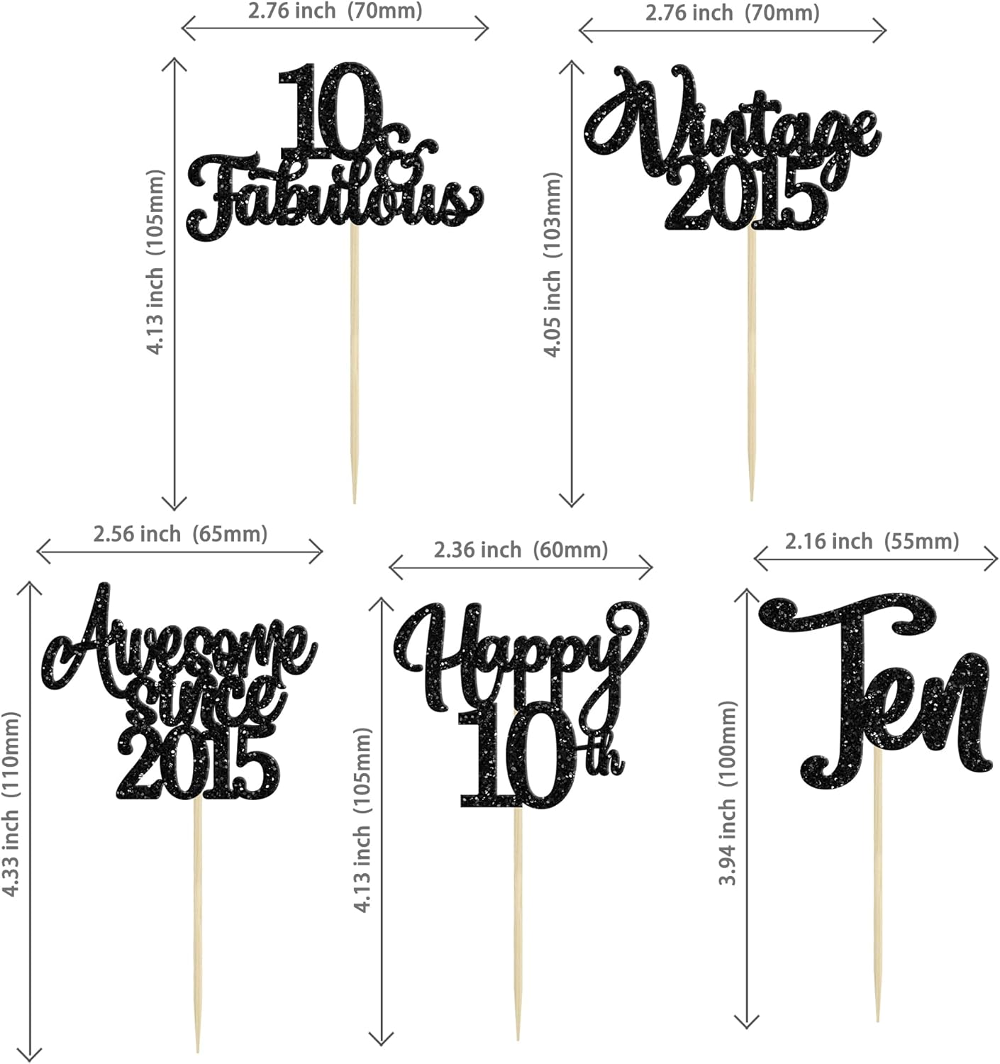30Pcs Happy 10th Birthday Cupcake Toppers Glitter Ten Vintage 2015 Cupcake Picks Cheers to 10 Fabulous Cake Decorations for 10th Birthday Wedding Anniversary Party Supplies Black