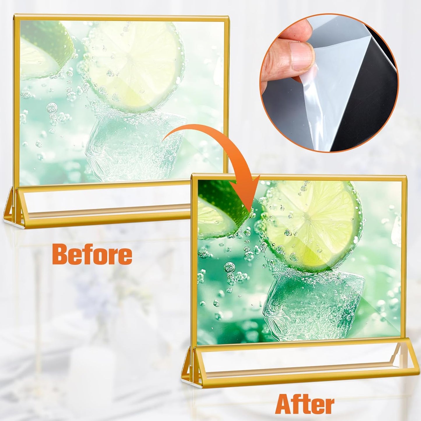 8 Pack Acrylic Sign Holders with Golden Border, Double Sided Clear Picture Frames, 6 x 4 Table Number Holders, Horizontal Menu Holders for Wedding Reception Art Display Party Decoration