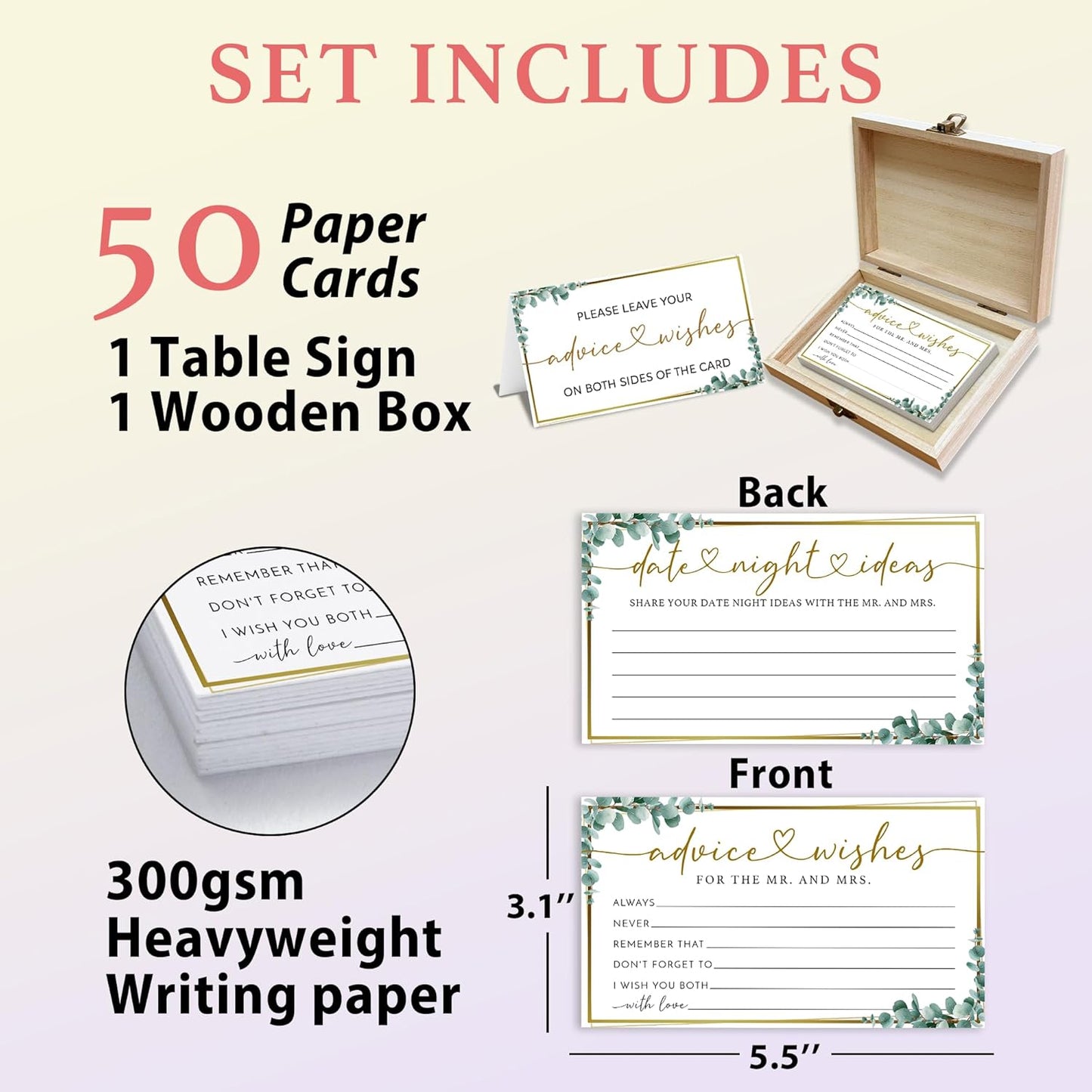 Eucalyptus Advice and Wishes for the Mr and Mrs - 50 Packs Wedding Advice Cards Bridal Shower Game Cards with Box Reception Guest Book for Bride Groom Newlywed Engagement Party Decoration -A10