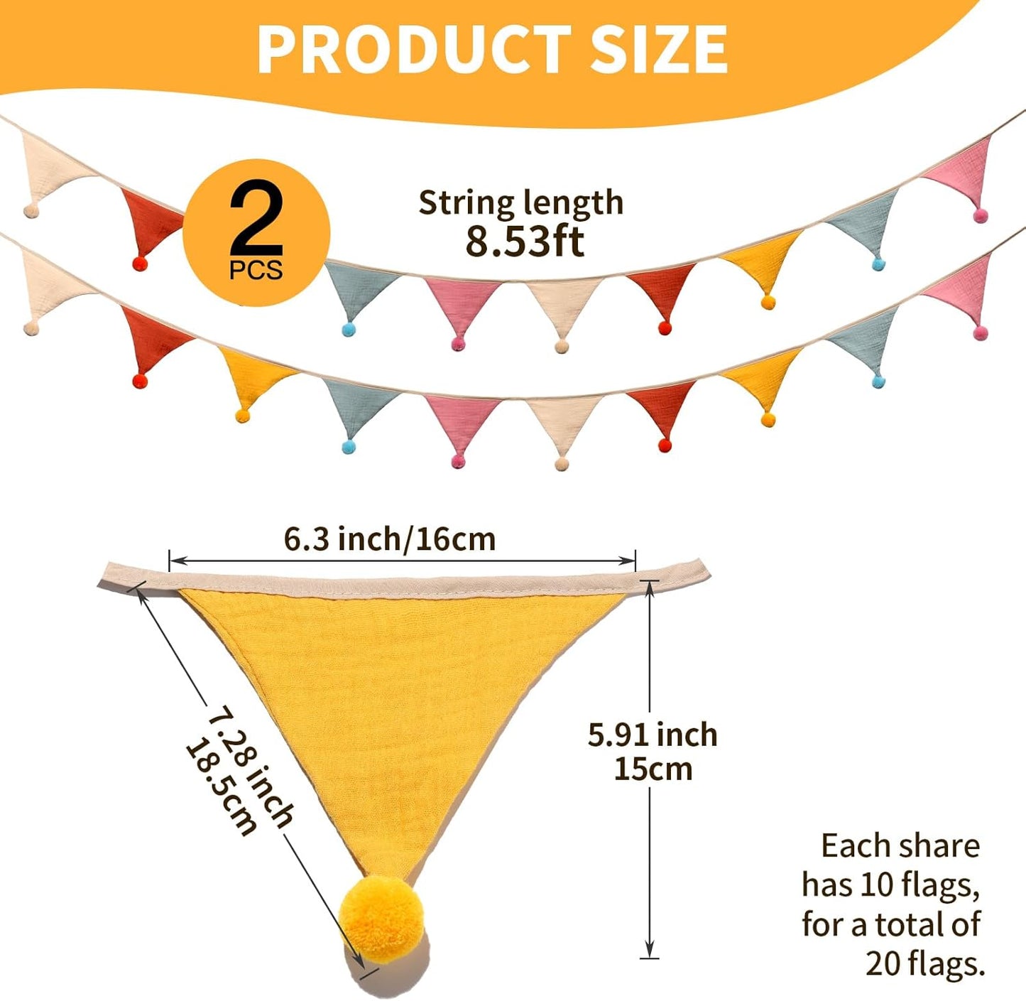 20 Pcs Pennant Banner Flags,2 Sets Garland Nursery Triangle Bunting Flag Baby Shower Banner for Nursery Decor Kindergarten Classroom Playroom Decor Baby Birthday Church Nursery Party Event(rainbow)