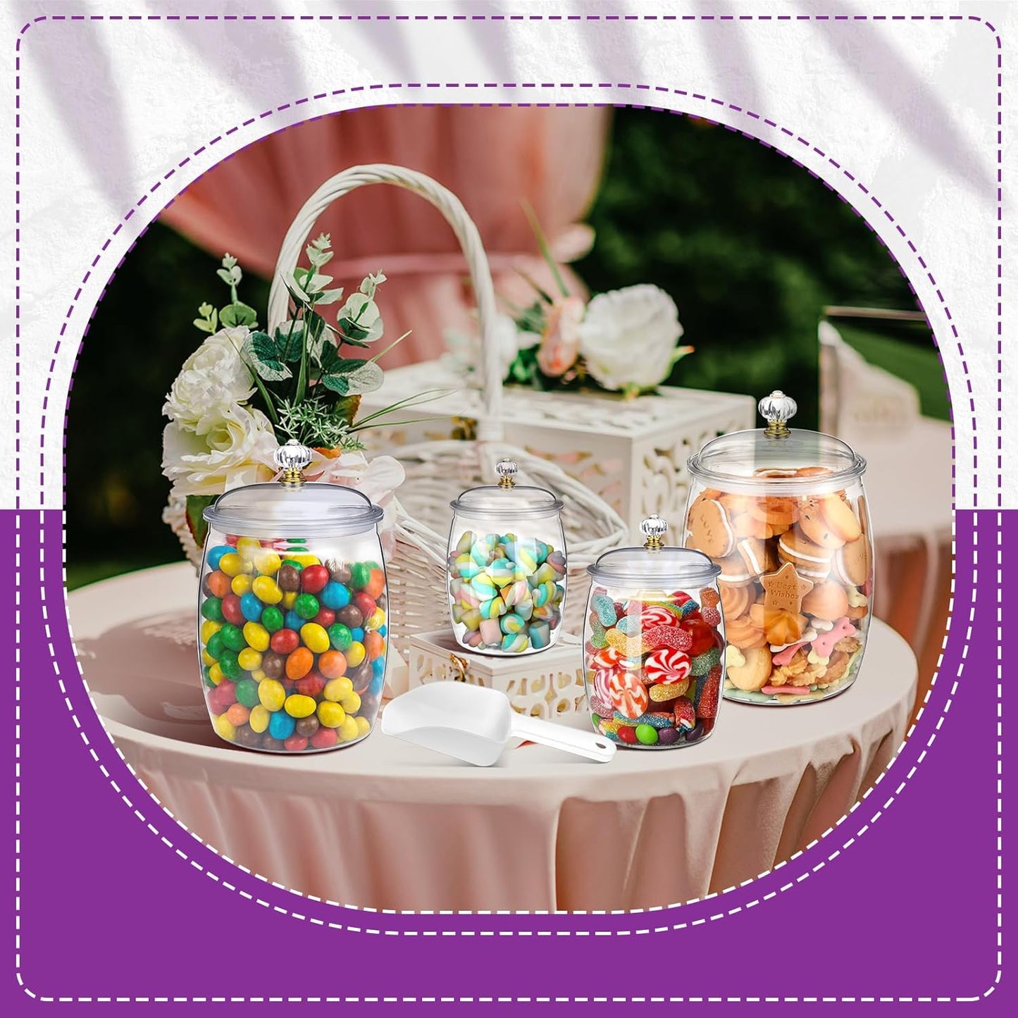 Nuogo 4 Pcs Plastic Candy and Cookie Jars with Lids Clear Cookie Container Candy Jars Large Airtight Apothecary Storage Organization for Wedding Home Kitchen Bar(42/64/90 oz)