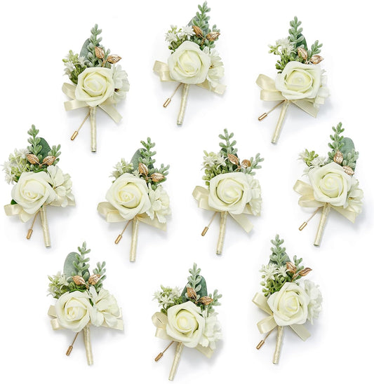 Serwalin 10Pcs Boutonniere for Men, White Groom and Best Man Boutonniere, Artificial Flowers for Wedding Decor/Prom/Homecoming/Ceremony Anniversary/Formal Dinner Party