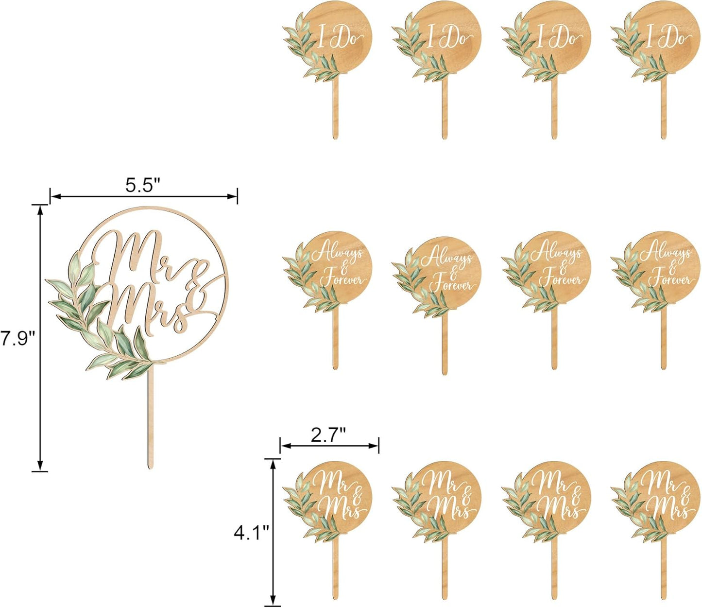 Mr & Mrs Cake Topper & 12 PCS Wedding Cupcake Toppers Green Wedding Decorations in Wood