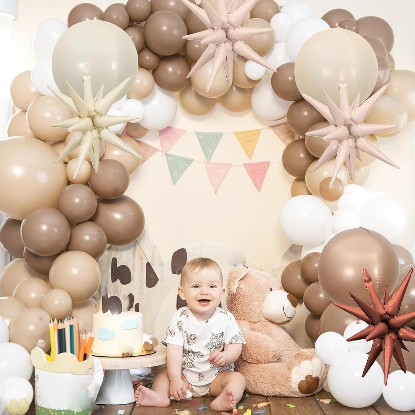 6Pcs Sand White Brown Foil Balloons,22Inch Cream Beige 4D Round Ball Balloon and Explosion Star Balloon for Birthday Wedding Baby Shower Anniversary Decorations