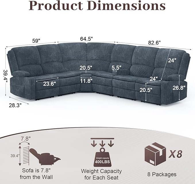 Yolsali Manual Reclining Sectional Sofa Set, 6 Seats Soft Fabric Recliner - Image 2