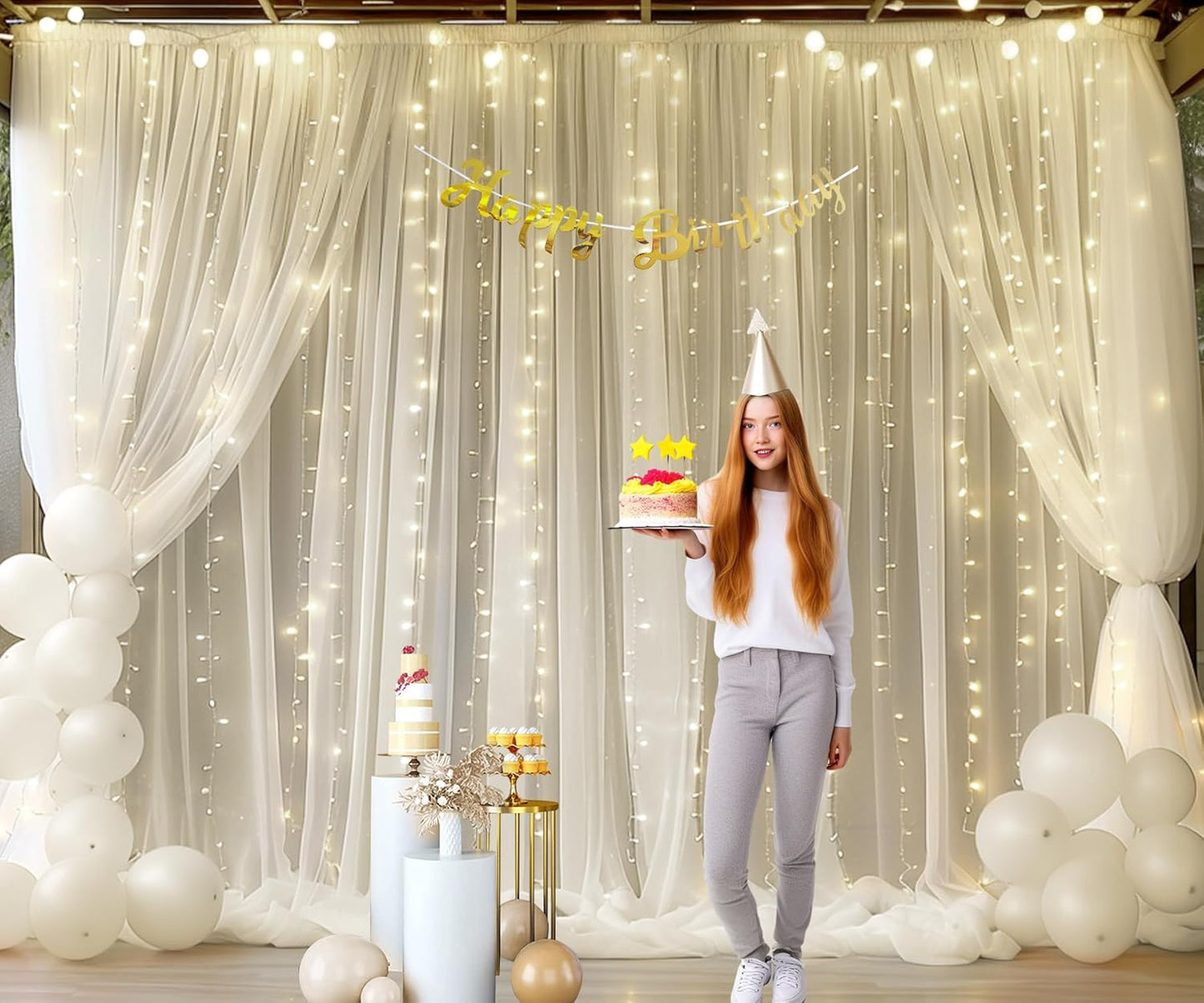 Ivory Tulle Backdrop Curtains with Lights String for Parites Wedding 20×8ft Ivory Sheer Backdrop Curtains for Baby Shower Birthday Party Photo Shoot Background Decorations(4 Panels 5ft×8ft)