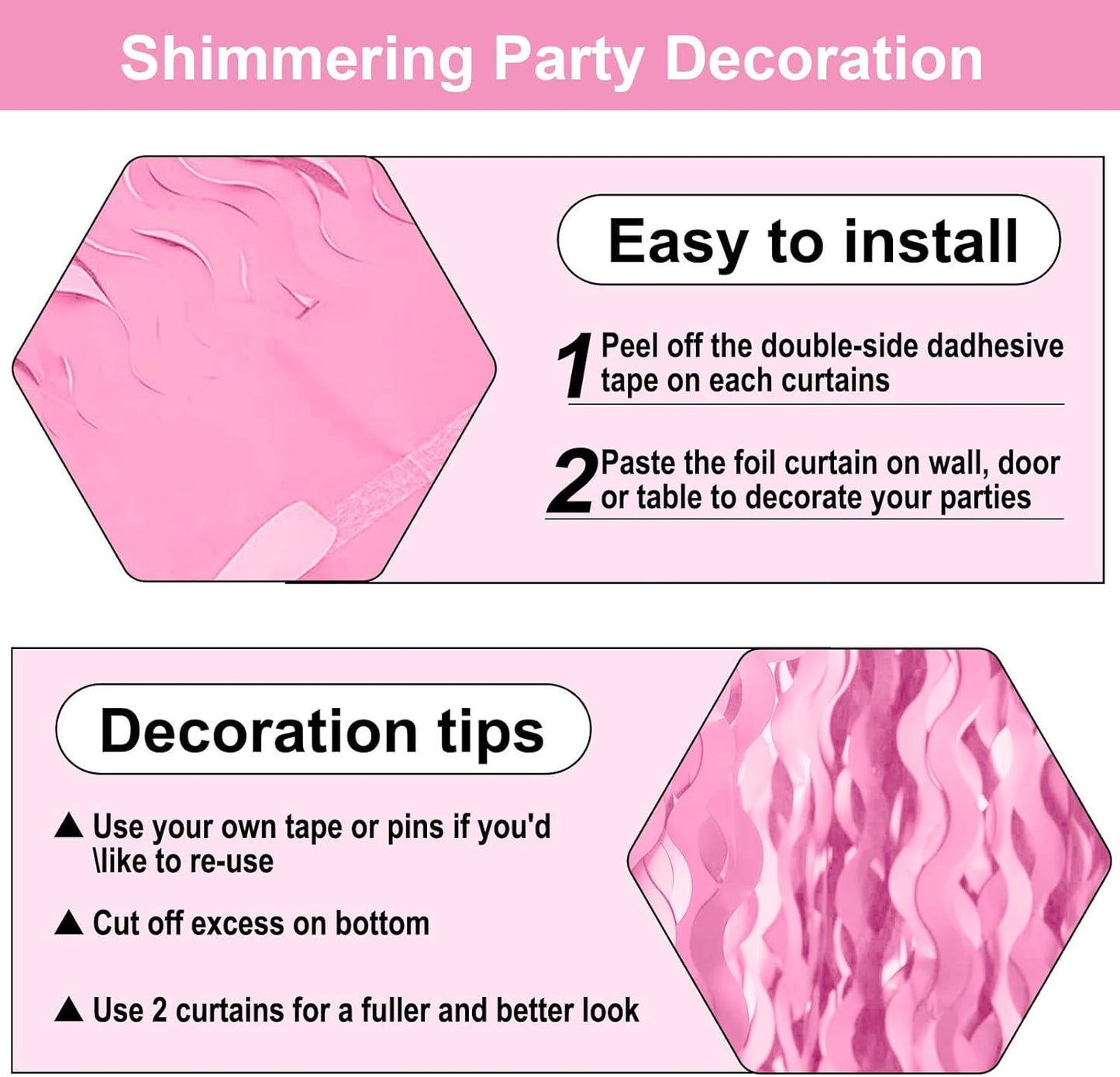 4 Pack Macaron Pink Wave Foil Fringe Curtain Backdrop, 3.28Ft x 8.2Ft Metallic Tinsel Foil Fringe Streamer Curtains for Photo Booth, Mother's Day, Easter, Birthday, Wedding Party Decoration