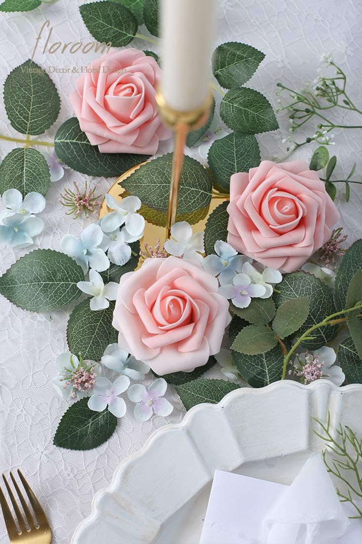 Floroom Artificial Flowers 50pcs Real Looking Peach Pink Foam Fake Roses with Stems for DIY Wedding Bouquets Bridal Shower Centerpieces Floral Arrangements Party Tables Home Decorations