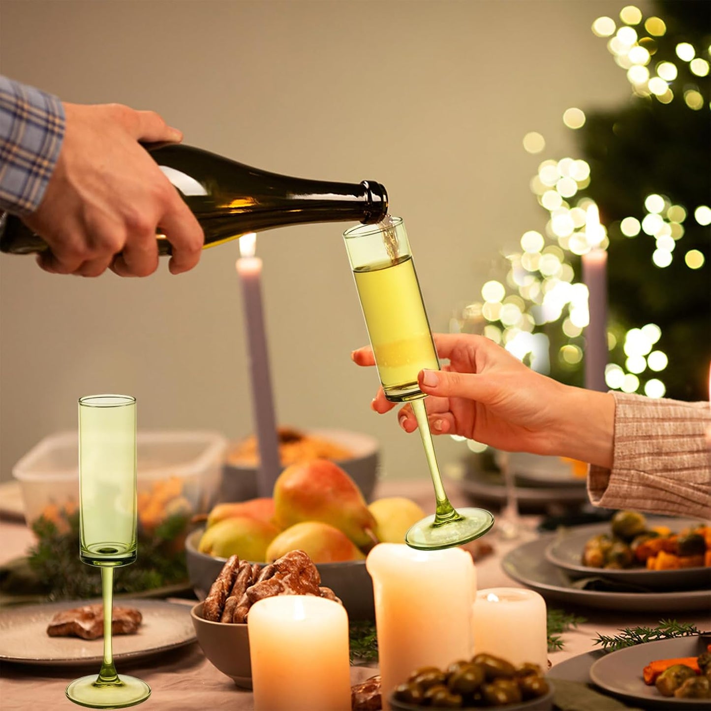 24 Pieces Green Champagne Flutes 6 OZ Straight Sided Wine Glasses Champagne Long Stem Drinking Colored Glasses,Set of 24 Hand Blown Champagne Flutes Goblets for Wedding Cocktail Cups,Cava, Prosecco