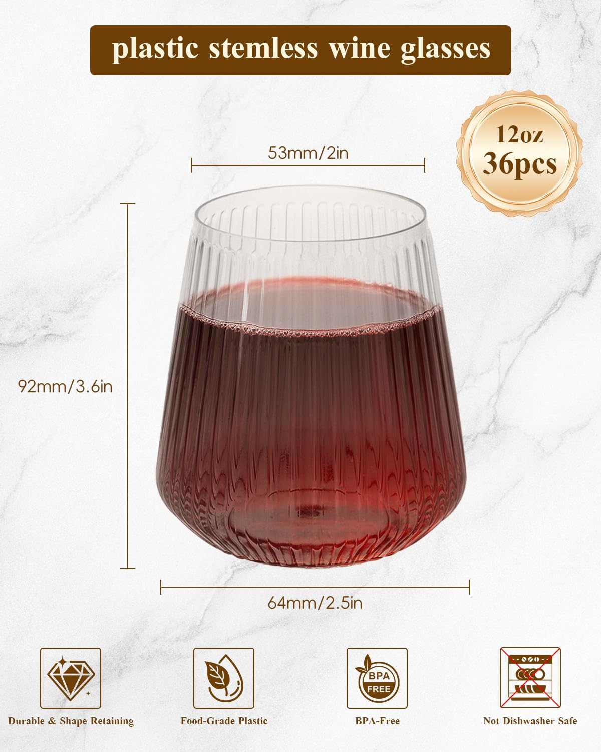 Goodluck 36 Pack 12oz Stemless Plastic Wine Glasses – Clear Ribbed Cups, Elegant Reusable Disposable Drinkware for Weddings, Parties, Bars, Indoor and Outdoor Events