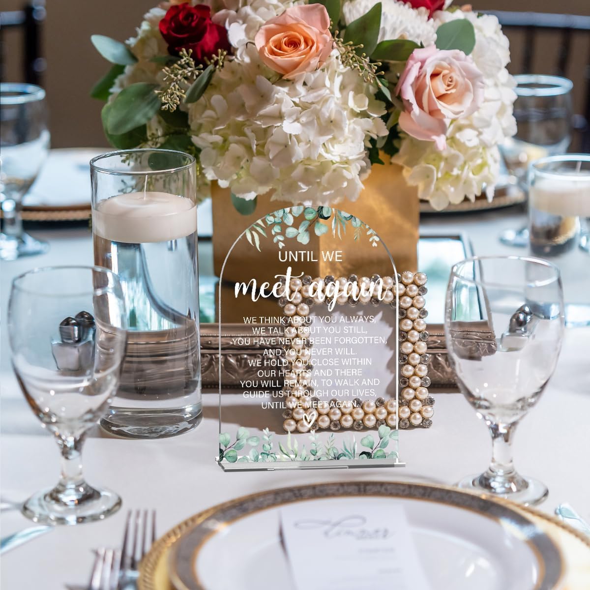 Acrylic Wedding Sign Until We Meet Again Signs for Ceremony Modern Calligraphy Arch Acrylic Table Top Signs for Wedding Reception and Event Party Table Decor (Eucalyptus Leaves)