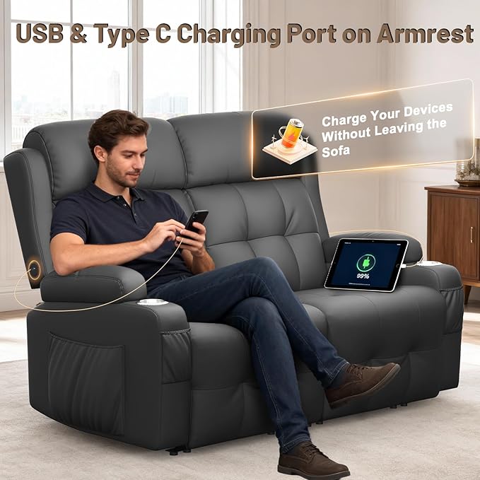 Reclining Loveseat, 55.1" RV PU Leather Wall Hugger Recliner Love Seats Sofa - Image 4