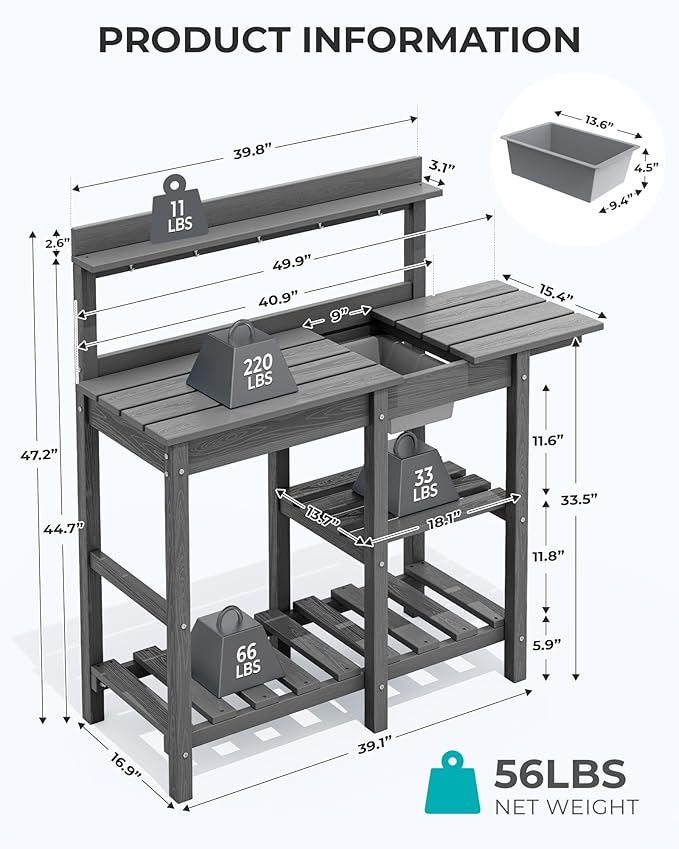 SERWALL Outdoor Potting Bench 2-Piece Set, Rot-Resistant HDPE Potting Table - Image 3