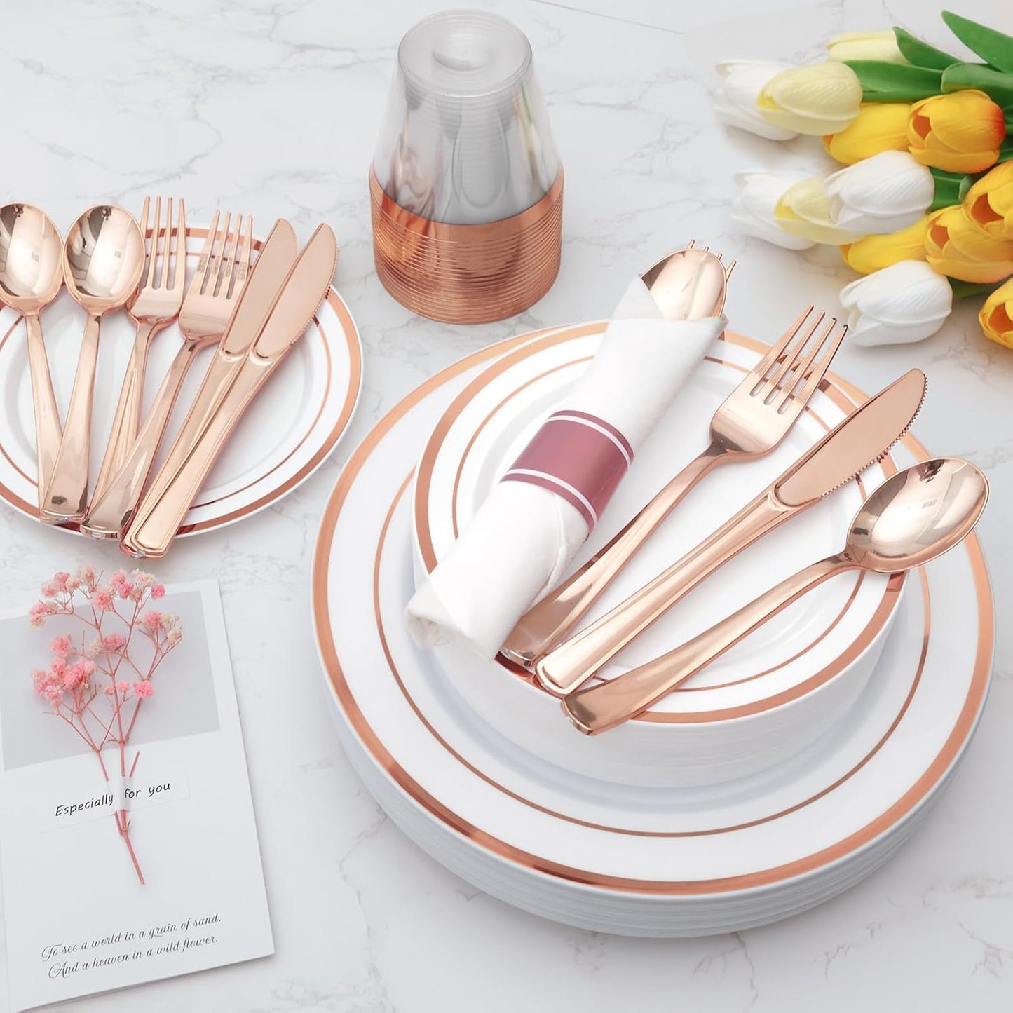 Goodluck 175 Piece Rose Gold Plastic Dinnerware Set for 25 Guests, Fancy Disposable Plates for Party, Include: 25 Dinner Plates, 25 Dessert Plates, 25 Pre Rolled Napkins with Silverware, 25 Cups