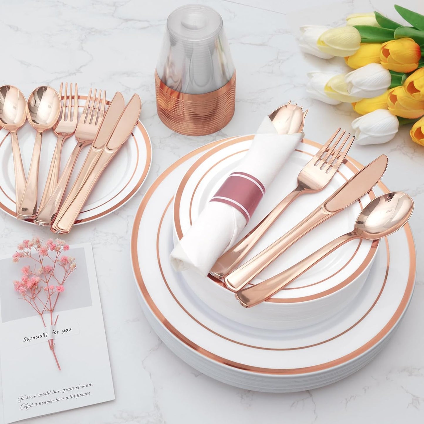 Goodluck 350 Piece Rose Gold Plastic Dinnerware Set for 50 Guests, Fancy Disposable Plates for Party, Include: 50 Dinner Plates, 50 Dessert Plates, 50 Pre Rolled Napkins with Silverware, 50 Cups